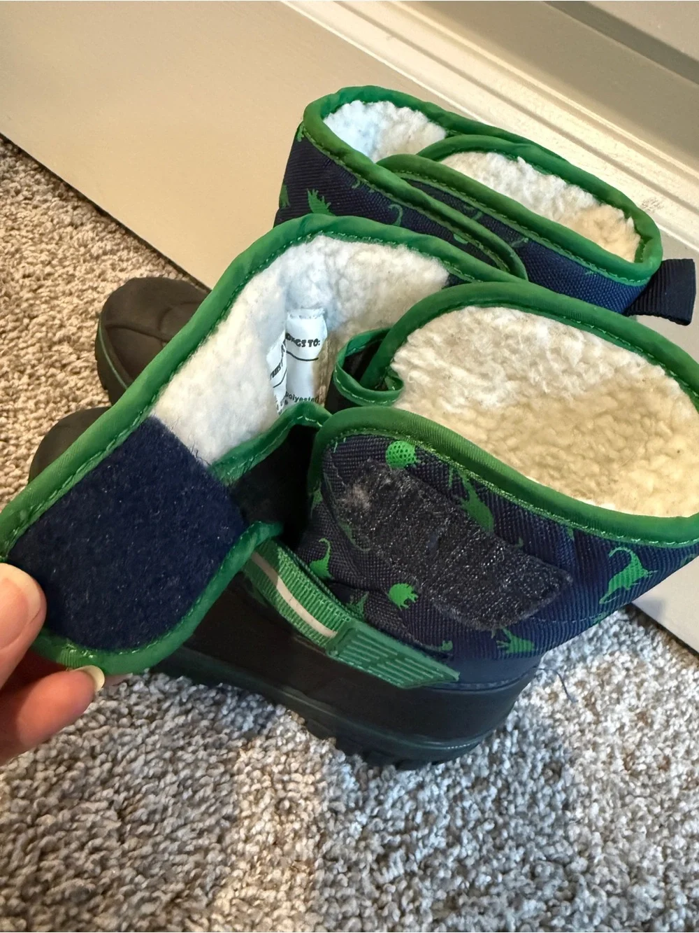 Kids Navy and Green Dinosaur Snow Boots with Insulated Lining